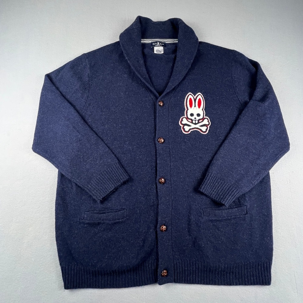 Psycho Bunny Cardigan Sweater Mens 2XL Navy Blue Wool Logo Shawl Preppy Academia